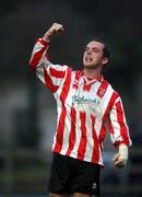 10 February 2002; Paddy McLoughlin of Derry City celebrates after team-mate Peter Coyle scored a late goal during the FAI Carlsberg Cup Quarter-Final match between UCD and Derry City at Belfield Park in Dublin. Photo by David Maher/Sportsfile