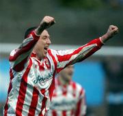 10 February 2002; Liam Coyle of Derry City, celebrates after scoring a late goal during the FAI Carlsberg Cup Quarter-Final match between UCD and Derry City at Belfield Park in Dublin. Photo by David Maher/Sportsfile