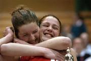 12 February 2002; Presentation Thurles players Mags Bourke, left, and team captain Faye Hartigan celebrate after victory over Ursuline College in the Bank of Ireland Schools Cup U19 &quot;A&quot; Girls Final match between Presentation Thurles and Ursuline College, Sligo, at the ESB Arena in Tallaght, Dublin. Photo by Brendan Moran/Sportsfile