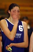 12 February 2002; Colaiste Dun Iascaigh's Rosie Tobin, who was fouled out during the game, wipes a tear away after defeat to St. Paul's in the Bank of Ireland Schools Cup U19 &quot;B&quot; Girls Final match between Colaiste Dun Iascaigh, Cahir, Tipperary and St Paul's Secondary School, Oughterard, Galway, at the ESB Arena in Tallaght, Dublin. Photo by Brendan Moran/Sportsfile