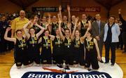 12 February 2002; The St Paul's team celebrate victory over Colaiste Dun Iascaigh in the Bank of Ireland Schools Cup U19 &quot;B&quot; Girls Final match between Colaiste Dun Iascaigh, Cahir, Tipperary and St Paul's Secondary School, Oughterard, Galway, at the ESB Arena in Tallaght, Dublin. Photo by Brendan Moran/Sportsfile