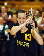12 February 2002; St. Paul's Team captain Caoimhe Clancy celebrates with the cup after victory over Colaiste Dun Iascaigh in the Bank of Ireland Schools Cup U19 &quot;B&quot; Girls Final match between Colaiste Dun Iascaigh, Cahir, Tipperary and St Paul's Secondary School, Oughterard, Galway, at the ESB Arena in Tallaght, Dublin. Photo by Brendan Moran/Sportsfile