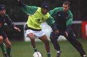 11 February 2002; Clinton Morrison, centre, in action against team-mates Gary Breen, left and Colin Healy during a Republic of Ireland Squad Training Session at Fran Cooke Park in Dublin. Photo by David Maher/Sportsfile