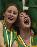 12 February 2002; Presentation Listowel players, Mercedes O'Connor, left, and Martina Madden, celebrate after victory over Ursuline College in the Bank of Ireland Schools Cup U16 &quot;A&quot; Girls Final match between Ursuline College, Sligo, and Presentation Listowel, Kerry, at the ESB Arena in Tallaght, Dublin. Photo by Brendan Moran/Sportsfile
