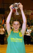 12 February 2002; Presentation Listowel captain Andrina Carmody celebrates with the cup following her side's victory of Ursuline College in the Bank of Ireland Schools Cup U16 &quot;A&quot; Girls Final match between Ursuline College, Sligo, and Presentation Listowel, Kerry, at the ESB Arena in Tallaght, Dublin. Photo by Brendan Moran/Sportsfile
