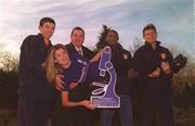 12 February 2002; In attendance at a photocall for Meningitis Awareness Month, which takes place throughout February, are, St Patrick's Athletic Manager Pat Dolan, second from left, and players, from left, Paul Donnelly, Charles Livingstone and Martin Russell, along with model Veronica Moore. Photo by Aofie Rice/Sportsfile