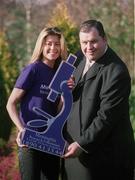 12 February 2002; In attendance at a photocall for Meningitis Awareness Month, which takes place throughout February, are, St Patrick's Athletic Manager Pat Dolan and model Veronica Moore. Photo by Aofie Rice/Sportsfile