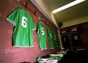 13 February 2002; Roy Keane's jersey hangs in the dressing room ahead of the International Friendly match between Republic of Ireland and Russia at Lansdowne Road in Dublin. Photo by David Maher/Sportsfile