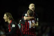 12 February 2002; Dave Morrison of Bohemians  with team-mates Stephen Caffrey and Simon Webb, left, after scoring his side's first goal during the FAI Carlsberg Cup Quarter-Final Replay match between Bray Wanderers and Bohemians at the Carlisle Grounds in Bray, Wicklow. Photo by David Maher/Sportsfile