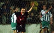 12 February 2002; Dave Morrison of Bohemians, celebrates after scoring his side's first goal during the FAI Carlsberg Cup Quarter-Final Replay match between Bray Wanderers and Bohemians at the Carlisle Grounds in Bray, Wicklow. Photo by David Maher/Sportsfile