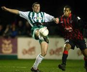 12 February 2002; Jason Byrne of Bray Wanderers, in action against Avery John of Bohemians during the FAI Carlsberg Cup Quarter-Final Replay match between Bray Wanderers and Bohemians at the Carlisle Grounds in Bray, Wicklow. Photo by David Maher/Sportsfile