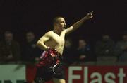 12 February 2002; Gary O'Neill of Bohemians, celebrates after scoring his side's second goal during the FAI Carlsberg Cup Quarter-Final Replay match between Bray Wanderers and Bohemians at the Carlisle Grounds in Bray, Wicklow. Photo by David Maher/Sportsfile