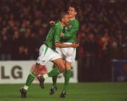 13 February 2002; Stephen Reid of Republic of Ireland, left, celebrates with team-mate Steve Finnan  after scoring his sides first goal during the International Friendly match between Republic of Ireland and Russia at Lansdowne Road in Dublin. Photo by David Maher/Sportsfile