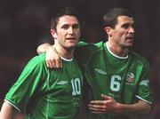 13 February 2002; Robbie Keane of Republic of Ireland, left, celebrates after scoring his side's second goal with captain Roy Keane during the International Friendly match between Republic of Ireland and Russia at Lansdowne Road in Dublin. Photo by David Maher/Sportsfile