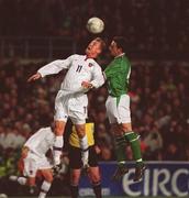 13 February 2002; Andy O'Brien of Republic of Ireland  in action against Vladimir Beschastnykh of Russia during the International Friendly match between Republic of Ireland and Russia at Lansdowne Road in Dublin. Photo by David Maher/Sportsfile
