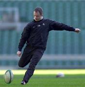 15 February 2002; David Humphries practices his kicking during an Ireland Rugby Squad Training Session at Twickenham Stadium in London, England. Photo by Sportsfile