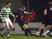 15 February 2002; Dave Morrison of Bohemians shoots to score his side's first goal during the eircom League Premier Division match between Bohemians and Shamrock Rovers at Dalymount Park in Dublin. Photo by David Maher/Sportsfile