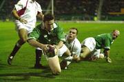 15 February 2002;  John Kelly of Ireland A goes over for a try during the &quot;A&quot;  Rugby International match between England and Ireland at Franklin Gardens in Northampton, England. Photo by Sportsfile
