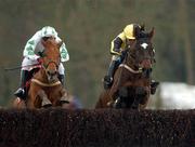 16 February 2002; Billy The Snake, with John Cullen up, right,  clears the last alongside Good Vintage, with Paul Carberry up, to go on and win the The Dinn Ri Beginners Steeplechase at Gowran Park Racecourse in Gowran, Kilkenny. Photo by Damien Eagers/Sportsfile