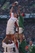 16 February 2002; Martin Johnson of England, wins possession from a lineout ahead of Malcolm O'Kelly of Ireland during the Lloyds TSB Six Nations Championship match between England and Ireland at Twickenham Stadium in London, England. Photo by Brendan Moran/Sportsfile