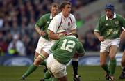 16 February 2002; Mike Tindell of England is tackled by Kevin Maggs of Ireland during the Lloyds TSB Six Nations Championship match between England and Ireland at Twickenham Stadium in London, England. Photo by Brendan Moran/Sportsfile