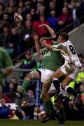 16 February 2002; Anthony Foley of Ireland, contests a high ball with Joe Worsley of England during the Lloyds TSB Six Nations Championship match between England and Ireland at Twickenham Stadium in London, England. Photo by Brendan Moran/Sportsfile