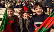 17 February 2002; Birr supporters, from left,  brothers Liam, Conor and Sean Grimes ahead of the AIB All Ireland Club Hurling Championship Semi-Final match between Birr and Dunloy at St Tiernach's Park in Clones, Monaghan. Photo by Damien Eagers/Sportsfile