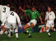 13 February 2002; Stephen Reid of Republic of Ireland in action against Russia's Yuri Nikiforov, 3, Dmitri Khlestov, 4, and Dmitri Alenichev during the International Friendly match between Republic of Ireland and Russia at Lansdowne Road in Dublin. Photo by David Maher/Sportsfile