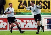 17 February 2002; Colin P O'Brien of Cork City, right, celebrates with team-mate Pat Morely after scoring his sides first goal during the eircom League Premier Division match between St Patrick's Athletic and Cork City at Richmond Park in Dublin. Photo by Brian Lawless/Sportsfile