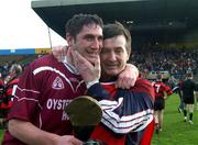 17 February 2002; Mark Kerins of Clarinbridge celebrates with manager Billy McGrath following his side's victory over Ballygunner in the AIB All Ireland Club Hurling Championship Semi-Final match between Clarinbridge and Ballygunner at Semple Stadium in Thurles, Tipperary. Photo by Ray McManus/Sportsfile