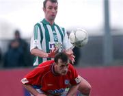 17 February 2002; Stephen Geoghegan of Shelbourne in action against Mick Doohan of Bray Wanderers during the eircom League Premier Division match between Bray Wanderers and Shelbourne at the Carlisle Grounds in Bray, Wicklow. Photo by David Maher/Sportsfile