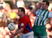 17 February 2002; Mick Doohan of Bray Wanderers in action against Stephen Geoghegan of Shelbourne during the eircom League Premier Division match between Bray Wanderers and Shelbourne at the Carlisle Grounds in Bray, Wicklow. Photo by David Maher/Sportsfile