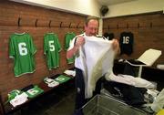 13 February 2002; Joe Walsh, Equipment Officer to the Republic of Ireland Soccer Team, prepares the jerseys prior to the match ahead of the International Friendly match between Republic of Ireland and Russia at Lansdowne Road in Dublin. Photo by David Maher/Sportsfile