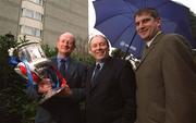 19 February 2002; Limerick manager Eamonn Cregan, left, and Meath manager Michael Duignan, right, pictured alongside Donal Bollard, Allianz, centre, at the launch of the Allianz National Hurling League, which starts this weekend. The launch took place at the Berkeley Court Hotel in Dublin. Photo by Brendan Moran/Sportsfile