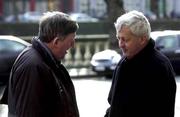18 February 2002; Ollie Byrne,Shelbourne, left, chats with Brendan Menton, Chief Executive FAI, outside the High Court in Dublin as Shelbourne Take Legal Action Against FAI Over Paul Marney Affair. Photo by David Maher/Sportsfile