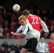 17 February 2002; Anthony Buckley of Cork City in action against Robbie Griffin of St Patrick's Athletic during the eircom League Premier Division match between St Patrick's Athletic and Cork City at Richmond Park in Dublin. Photo by Brian Lawless/Sportsfile