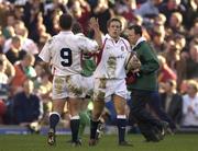 16 February 2002; Jonny Wilkinson of England is congratulated by team mate Kyran Bracken, left, after scoring his sides first try during the Lloyds TSB Six Nations Championship match between England and Ireland at Twickenham Stadium in London, England. Photo by Brendan Moran/Sportsfile