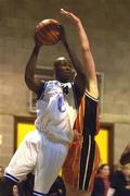 19 February 2002; James Singleton of Waterford Crystal in action against Damien Sealy of Dart Killester during the ESB Men's Superleague match between Dart Killester and Waterford Crystal at IWA in Clontarf, Dublin. Photo by Brendan Moran/Sportsfile