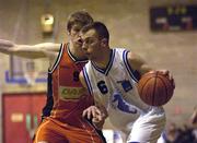 19 February 2002; Dean Kavanagh of Waterford Crystal in action against Jonathan Grennell of Dart Killester during the ESB Men's Superleague match between Dart Killester and Waterford Crystal at IWA in Clontarf, Dublin. Photo by Brendan Moran/Sportsfile