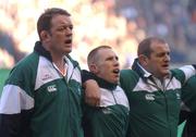 16 February 2002; Ireland captain Mick Galwey, left,  sings &quot;Ireland's Call&quot; alongside Peter Stringer, centre, and Peter Clohessy ahead of the Lloyds TSB Six Nations Championship match between England and Ireland at Twickenham Stadium in London, England. Photo by Matt Browne/Sportsfile