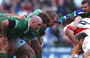 16 February 2002; The Ireland front row of, from left, John Hayes, Shane Byrne and Peter Clohessy prepare to engage the English pack during the Lloyds TSB Six Nations Championship match between England and Ireland at Twickenham Stadium in London, England. Photo by Matt Browne/Sportsfile