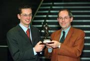22 February 2002; Billy Woods of Shamrock Rovers, left, is presented with the eircom/Soccer Writers Association of Ireland award for the player of the month for January by Padraig Corkery, eircom Head of Corporate Marketing. Photo by David Maher/Sportsfile