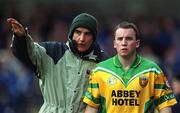 10 February 2002; Donegal manager Mickey Moran issues instructions to Andrew Gallagher of Donegal during the Allianz National Football League Division 1A Round 1 match between Dublin and Donegal at Parnell Park in Dublin. Photo by Ray McManus/Sportsfile