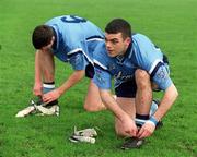 10 February 2002; Paul Casey, right, and Barry Cahill of Dublin tie their laces ahead the Allianz National Football League Division 1A Round 1 match between Dublin and Donegal at Parnell Park in Dublin. Photo by Ray McManus/Sportsfile