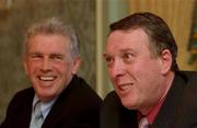 22 February 2002; Former Leeds United players, John Giles, left, and Mick Jones share a joke during a press conference at Citywest Hotel in Dublin, to announce details of the 1972 FA cup winning team reunion for a Gala Charity ball in aid the Baby Max Wings of Love Fund. Photo by David Maher/Sportsfile