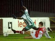 22 February 2002; Wesley Charles of Bray Wanderers in action against Ger McCarthy of St Patrick's Athletic during the eircom League Premier Division match between St Patrick's Athletic and Bray Wanderers at Richmond Park in Dublin. Photo by David Maher/Sportsfile