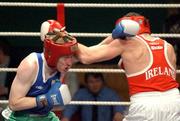 22 February 2002; Patrick Sharkey, left, in action against Alan Reynolds during the Heavyweight Final between Alan Reynolds and Patrick Sharkey, during the National Senior Boxing Championships at the The National Stadium in Dublin. Photo by Damien Eagers/Sportsfile