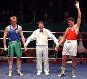 22 February 2002; Alan Reynolds, right, is declared the winner following the Heavyweight Final between Alan Reynolds and Patrick Sharkey, during the National Senior Boxing Championships at the The National Stadium in Dublin. Photo by Damien Eagers/Sportsfile