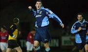 23 December 2001; Sean Finn of UCD celebrates after  scoring his sides second goal during the eircom League Premier Division match between UCD and Shelbourne at Belfield Park in Dublin. Photo by Aofie Rice/Sportsfile