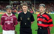 17 February 2002; Clarinbridge captain Michael Donoghue, left, Referee Barry Flynn, and Ballygunner captain Paul Flynn, pictured ahead of the AIB All Ireland Club Hurling Championship Semi-Final match between Clarinbridge and Ballygunner at Semple Stadium in Thurles, Tipperary. Photo by Pat Murphy/Sportsfile